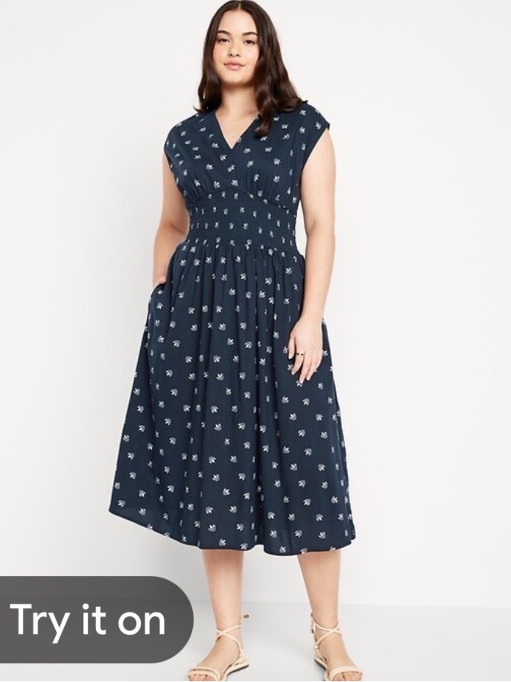 Old Navy Waist-Defined Midi Dress, "Blue Ditsy Floral"